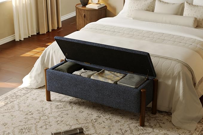 Modern Storage Benches with Walnut Wood Legs, 47'' Ottoman Bench with 20 Gallons Storage Space for Bedroom End of Bed, Fabric Upholstered Entryway Bench with Seating for Livingroom, Blue - Image 3