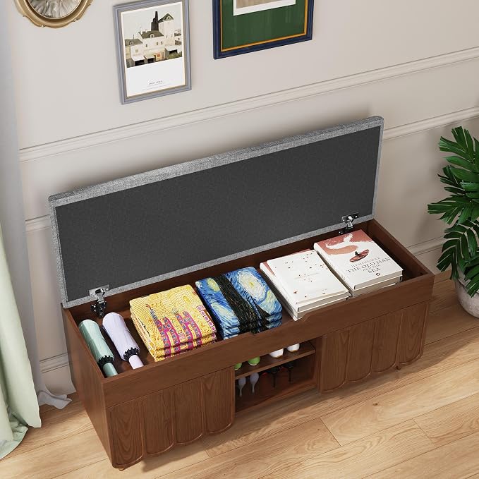 3More 40" Entryway Shoe Storage Bench,Upholstered Hidden Space Beneath Seat Cushion Bench,2-Tier Unique Geometric Shape with Wood Grain,Walnut - Image 4