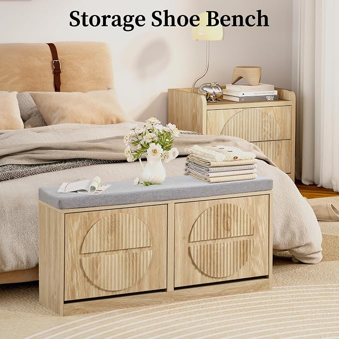Narrow Shoe Storage Bench for Entryway, Wooden Shoe Cabinet with Flip Drawers& Adjustable Shelves, Shoe Rack Bench with Cushion, Shoe Organizer with Fluted Pattern for Hallway, Living Room (Natural) - Image 6