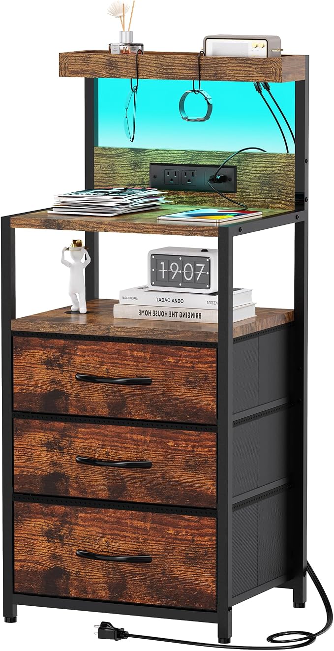 SZLHANJZ Night Stand, Nightstand with Charging Station, 3 Drawers Night Stand with Storage and LED Lights, 3 Shelves and Hooks, End Side Table for Bedroom, Rustic Brown by SZLHANJZ
