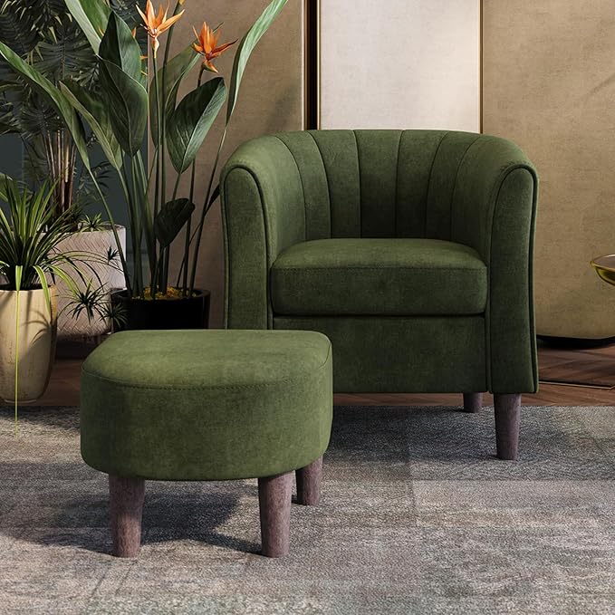 LINSY Accent Chair with Ottoman, Modern Barrel Chair Comfy Armchair Reading Chair with Footrest, Small Round Arms Chair for Living Room Bedroom Reading Room, Velvet, Olive