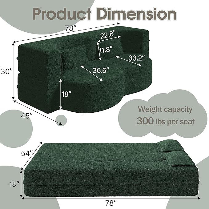 78" Convertible Sofa Bed, 2-in-1 Folding Floor Couch with 2 Pillows, Sleeper Sofa for Living Room and Bedroom, No Assembly Required (Green, Teddy Fabric)