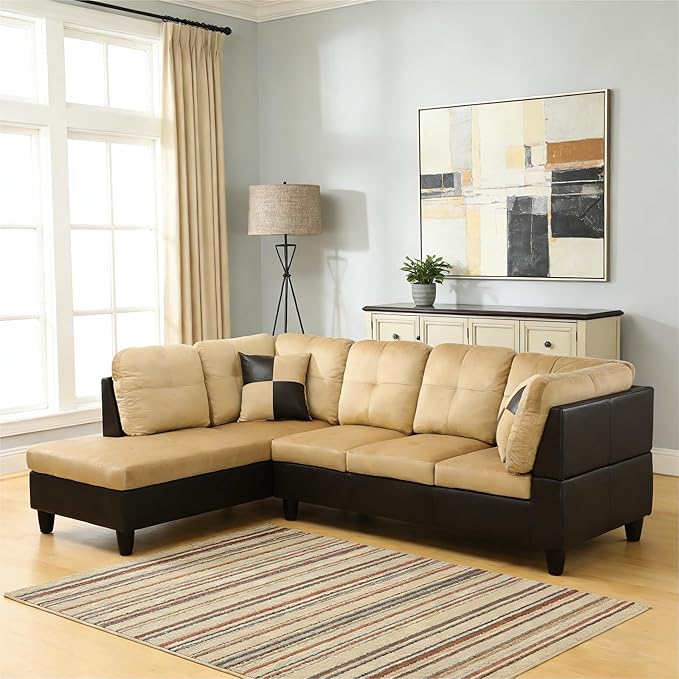 103.5 Inch Modern L-Shaped Couch, Flannel Sectional Sofa with Chaise Lounge, 4-Seater Couch with Accent Pillows for Living Room, Apartment, Beige and Brown