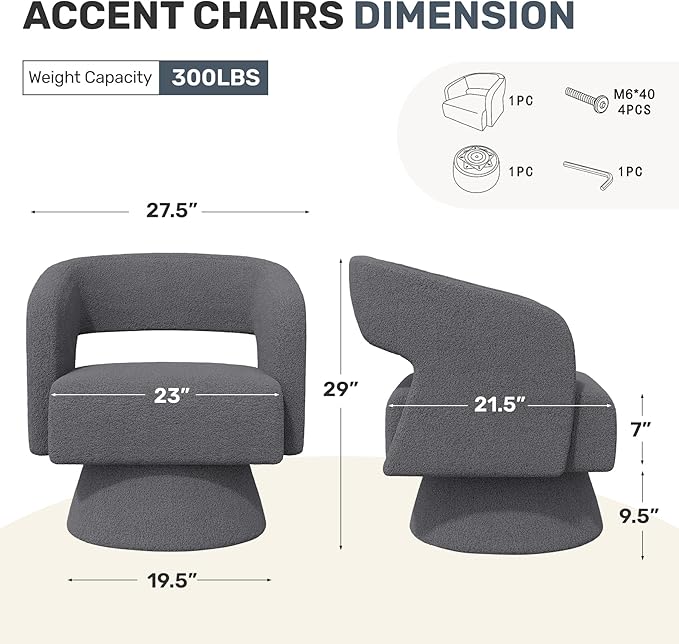 Nebuaegis Swivel Accent Chair Set of 2, Modern Comfy Teddy Barrel Chairs, Oversized Upholstered Round Arm Chair for Living Room, Bedroom, Reading Room, Dark Grey