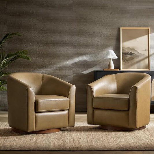 HULALA HOME Genuine Leather Swivel Accent Chairs Set of 2 with Solid Wood Base, Round Swivel Barrel Chairs for Living Room and Bedroom, Taupe
