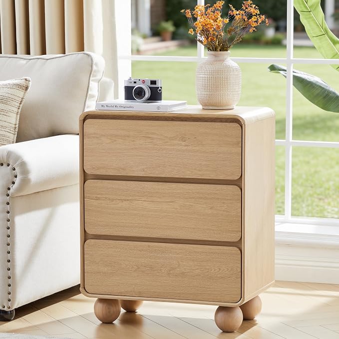 AVZEAR Wooden Night Stand wth 3 Drawer Dresser Mid Century Modern End Table Chest of Drawers, Solid Wood Legs & Curved Profile Design, Farmhouse Side Table for Living Room, Natural - Image 3