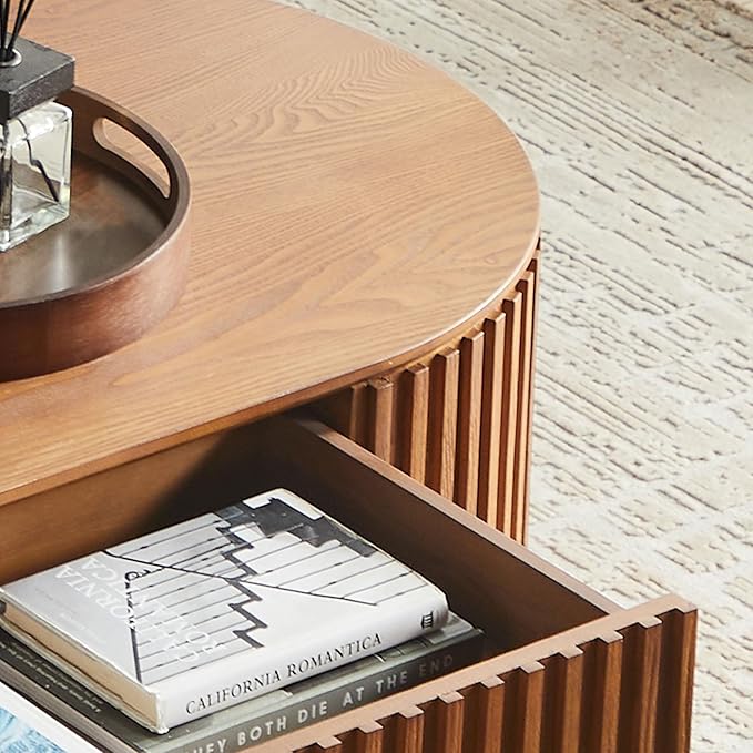 51.18'' Oval Coffee Table for Living Room Fluted Center Table with Drawer, Mid Century Modern Coffee Tables, Easy Assembly for Office Storage Tea Table Brown