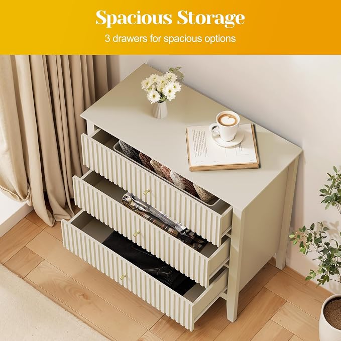 May in Color Large Beige 3 Drawer Dresser, Painted 30 Inch Tall Wood Nightstand with Storage, Wide Modern Chest of Drawers with Ball Bearing Slide for Bedroom Hallway Living Room Entryway Office - Image 4