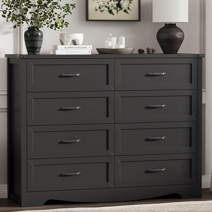 Dresser for Bedroom with 8 Drawers, 54" Wide Wood Chest of Drawers with Deep Drawers & Mental Handle, Modern Dresser TV Stand, Wooden Closet Storage Organizer for Living Room, Hallway, Entryway, Black - Image 8