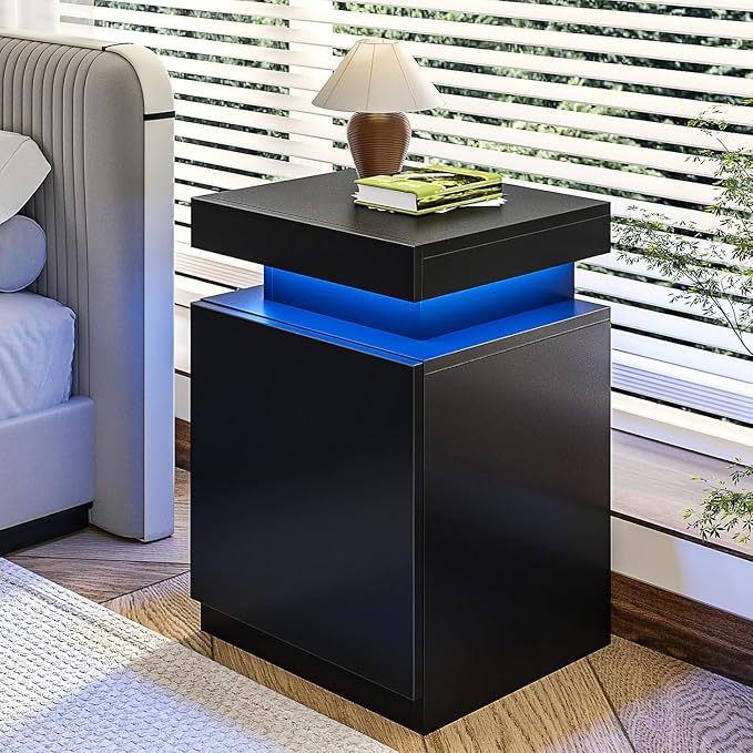 Nightstands Set of 2, 17.7 Inches LED Night Stand Set 2 with Charging Station, Bedside Table with Sliding Top Storage, Modern End Table for Bedroom, Black - Image 8