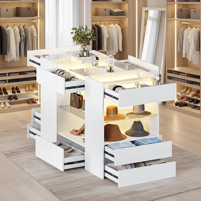 Kikihouse Modern Closet Island with 10 Drawers, LED Wardrobe Armoire Island with Glass Top, Luxury Walk-in Closet Island Storage Cabinet with Display Shelf for Cloakroom, Dressing Room (White)