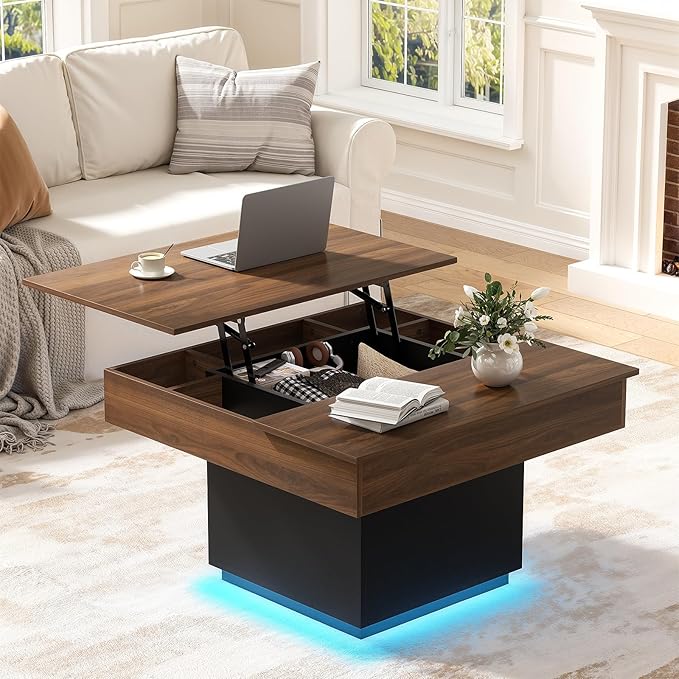 FABATO Lift Top Coffee Table with LED Light and Charging Station, 31.5 Inch Square Coffee Table with Hidden Storage, Modern Farmhouse Center Table for Living Room, Reception Dinning Room,Black