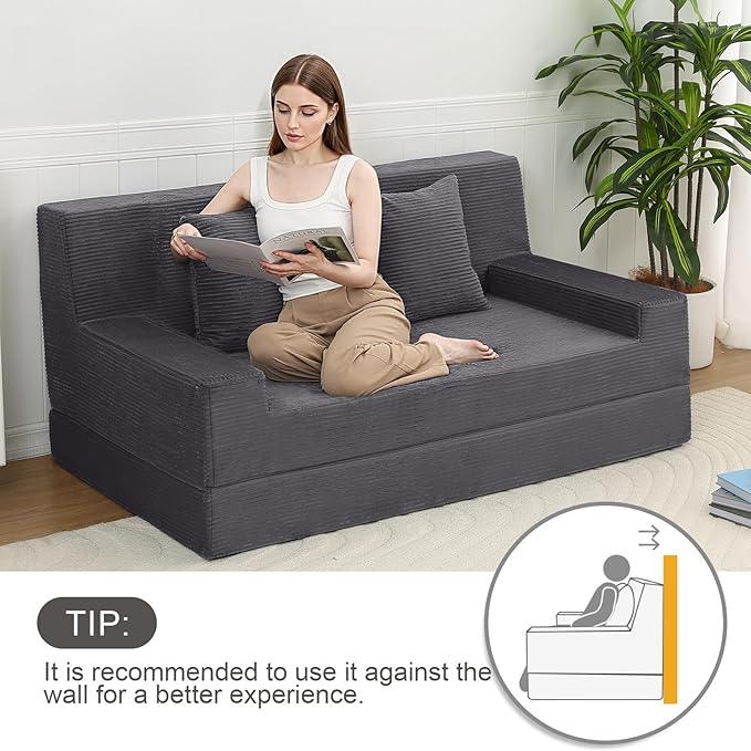 MeMoreCool Folding Futon Couch Queen – Boneless Corduroy Sofa Bed, Convertible Foam Floor Lounger with Pillow & Washable Cover, Foldable Sleeper for Living Room, Bedroom, Guest Space