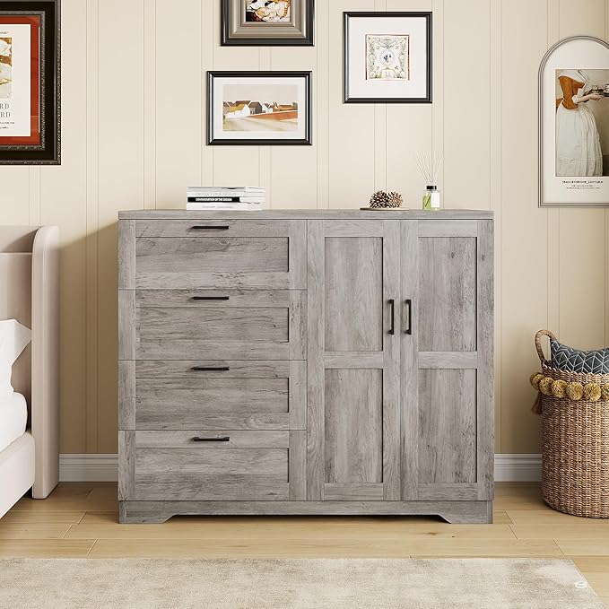 IDEALHOUSE 43.3'' H Armoire Wardrobe Closet with 4 Drawers and 2 Doors, Hanging Rod, Multifunctional Wooden Dresser with Storage Closet, Bathroom Cabinet for Bedroom, Gray