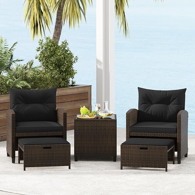 Tangkula 5 Pieces Patio Conversation Set, PE Wicker Rattan Outdoor Furniture Set with 2 Chairs, 2 Ottomans & Tempered Glass Coffee Table, Ideal for Poolside, Backyard, Lawn, Deck, Mix Brown & Black