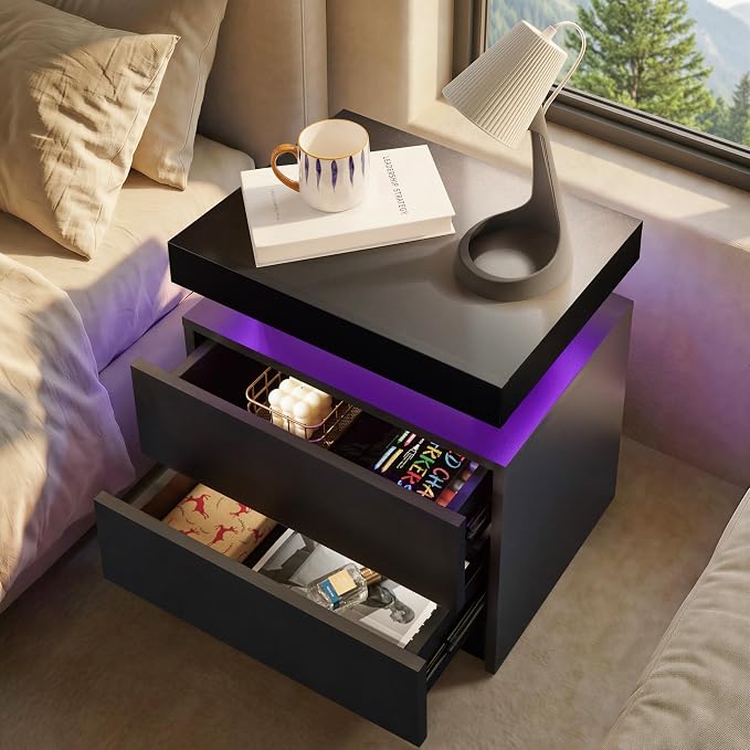 i-aplus Black Night Stand LED Nightstand with 2 Drawers Modern Bedside Tables for Bedroom, Living Room - Image 4