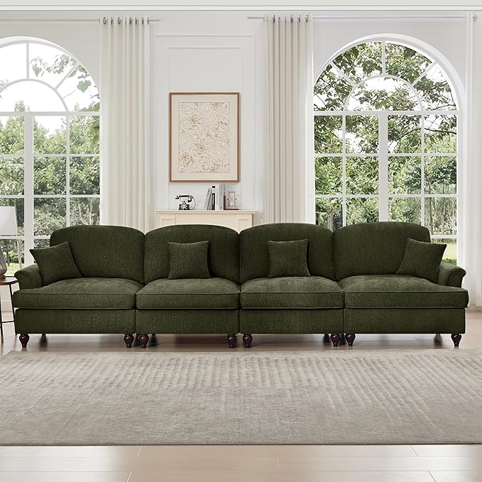 KEIKI Mid Century Modular Sofa with Flared Arms and Skirted Design, 137“ Oversized 4-Seater Luxury Chenille Sectional Couches for Living Room, Soft Comfortable Couch Bedroom Furniture, Green