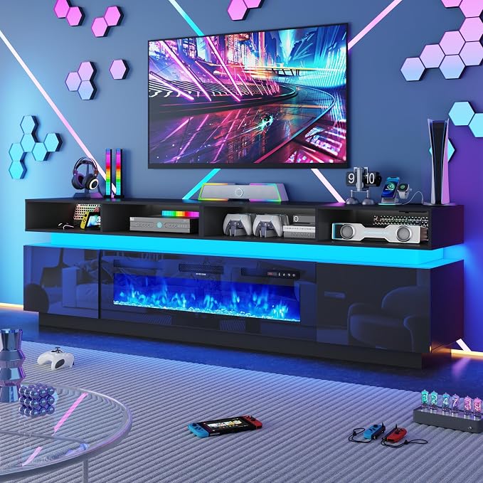 chartustriable Fireplace TV Stand for 100" TV, 93" LED Entertainment Center with 50" Fireplace & Power Outlets, High Gloss TV Stand, Gaming TV Media Console for Living Room, 93 Inch, Black - Image 7