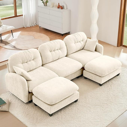 KEIKI 107" U-Shaped Oversized Chenille Modular Sectional Sofa with 2 Ottoman, High-Density Foam Cushions, Tufted Pleated Cushion Backrest, Modern 3-Seater Couch with 2 Pillow, for Living Room, Beige