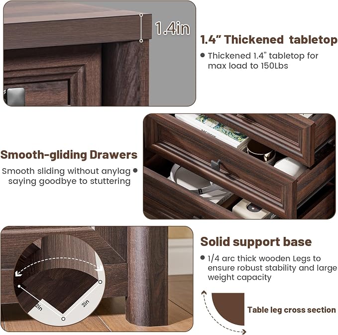 Farmhouse Walnut Nightstand, Large Nightstand with 3 Drawers, Wood Night Stand for Bedroom, Modern End Table for Living Room Closet, 26.7” Wide with Metal Knobs - Image 4