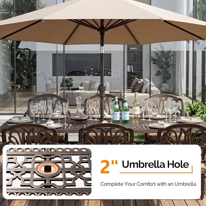 VINGLI 9 Pieces Outdoor Dining Set, Cast Aluminium All-Weather Patio Dining Set for 8 with Umbrella Hole, Outdoor Dining Table and Chairs with Cushion for Yard, Garden, Porch and Poolside, Bronze - Image 3