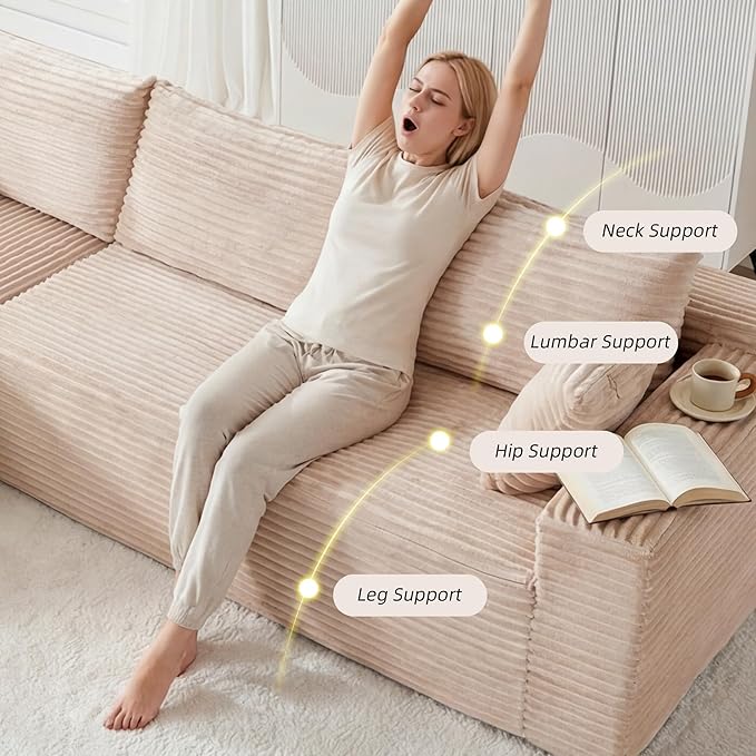 110" Boneless Couch, L Shaped Sofa with Deep Seat, Beige Couch Corduroy Cloud Sectional with Left Facing Chaise, for Living Room Bedroom