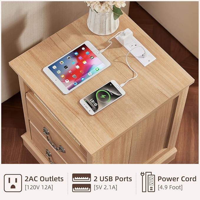 Farmhouse Nightstands Set of 2 with Charger Station, 2 Drawers Night Stand with Storage Shelf, Natural Wood 18" Wide Bedside Table, Rustic Bed Side End Tables for Bedroom, Living Room - Image 4