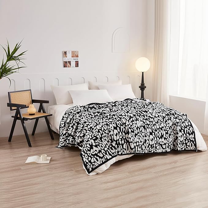 MH MYLUNE HOME Ultra Soft Leopard Throw Blanket (71x78 inches) Microfiber Blanket Plush Warm Reversible Cheetah Blanket Leopard Pattern Throw for Couch Bed Sofa, Black and White, 71"x78"