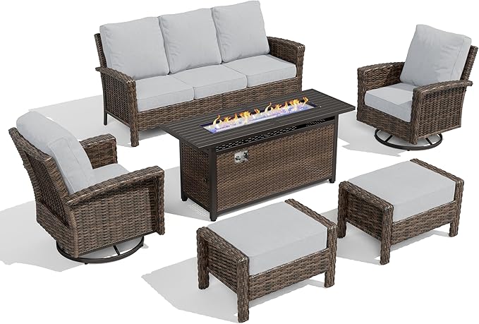 HERA'S HOUSE Grey Patio Furniture Set, High Back Wicker Sofa, Swivel Chairs with 5.5" Thick Cushions, 6-Piece Outdoor Seating Conversation Sets with Fire Pit Table & Ottomans for Deck Yard Garden