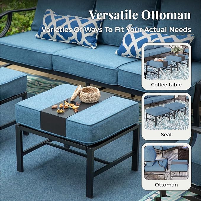 Patio Furniture Set, 6 Pcs Metal Outdoor Conversation Set, 2 Swivel Chairs, 2 Ottomans and 3 Seater Sofa with 5.75" Extra Thick Cushion and Gas Fire Pit Table, Navy Blue