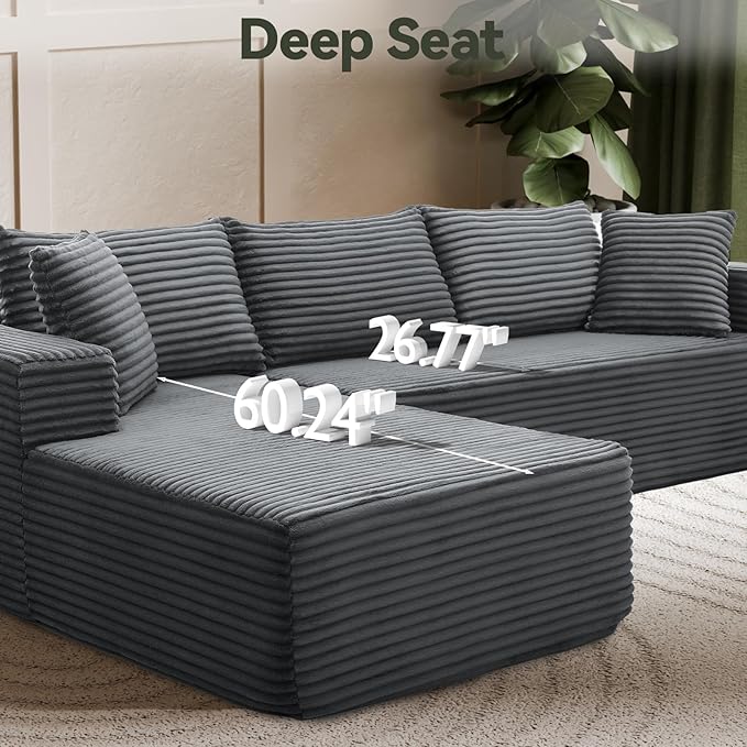 106" Modular Sectional Sofa, Grey Corduroy Cloud Couch with Right Chaise, Deep Seat Boneless Floor Sofa for Living Room, High-Resilience Foam Support, No Assembly Required, Includes Pillows | Sectional Sofa, Corduroy Cloud, Boneless, High-Resilience, N...