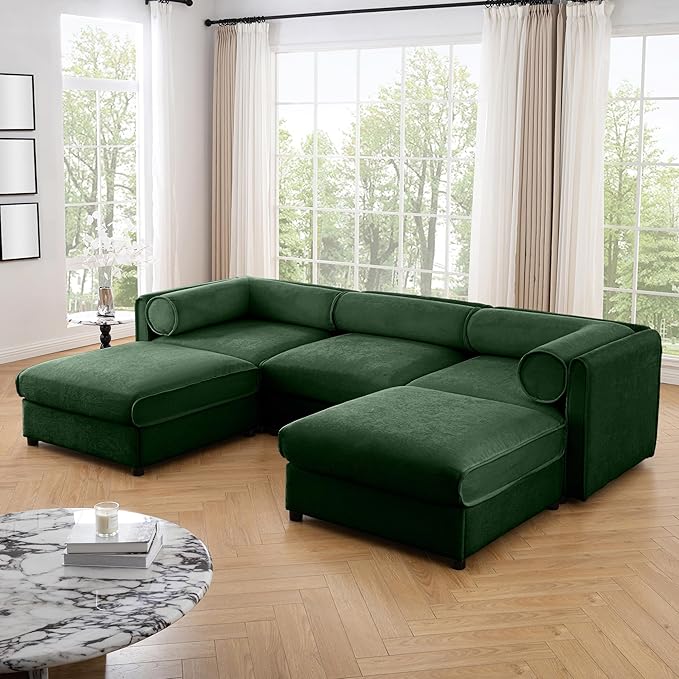 KEIKI 109" U-Shaped Modular Chenille Sectional Sofa with Storage Seat, 2 Ottoman, 3-Seater Couch with Cylindrical Backrest and Armrests, Easy Assembly, for Apartment, Living Room, Green