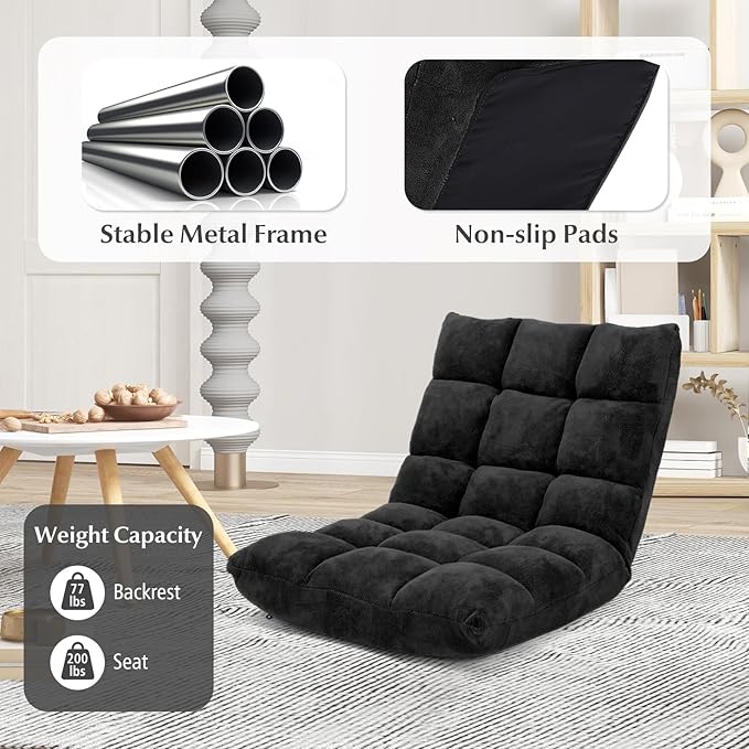 14-Position Floor Sofa, Folding Gaming Sofa Chair, Comfy Cushions & Study Steel Frame, Angle Adjustable Sleeper Bed, Couch Recliner (Black)