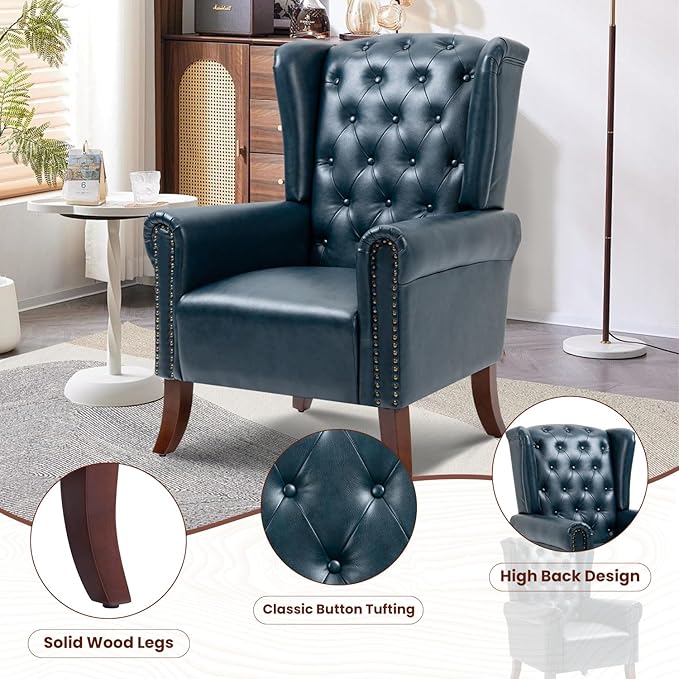Faux Leather Accent Chair, Mid-Century Armchair Upholstered Club Sofa Chair with Wooden Legs, High Back Living Room Chair for Bedroom, Office, Lounge (Blue)