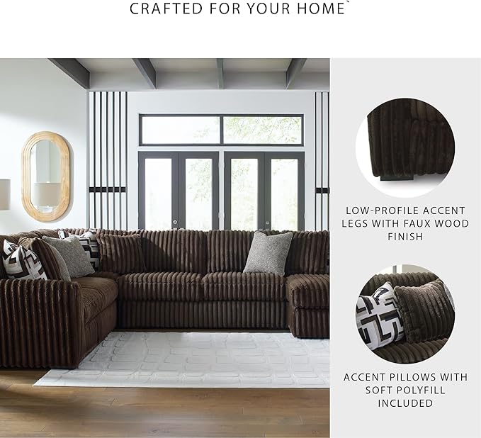 Signature Design by Ashley Midnight-Madness Casual U-Shaped Anti Sag 4-Piece Sectional with Chaise, Reversible Seat Cushions and 9 Accent Pillows, Dark Brown