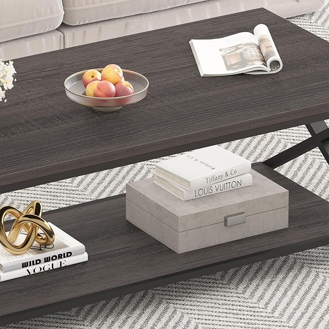 HSH Gray Coffee Table for Living Room, Minimalist Rectangle Center Table with Storage Shelf，Industrial Dark Wood and Metal Cocktail Tea Table, Office Simple 2 Tier Display Coffee Table, 47 Inch