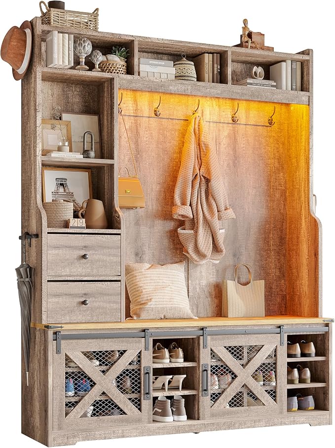 AMERLIFE 7-in-1 Farmhouse Hall Tree with Bench and Shoe Cabinet, LED Entryway Bench with 2 Drawers,12 Shoe Cubbies & Barn Doors, 7 Coat Racks & Adjustable Shelf, Rustic Gray - Image 8