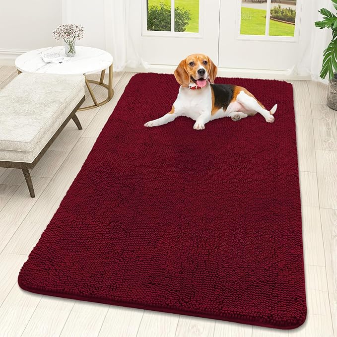 OLANLY Dog Door Mat for Muddy Paws 59x32, Absorbs Moisture and Dirt, Absorbent Non-Slip Washable Doormat, Quick Dry Chenille Mud Mat for Dogs, Entry Indoor Entryway Carpet for Inside Floor, Burgundy by OLANLY