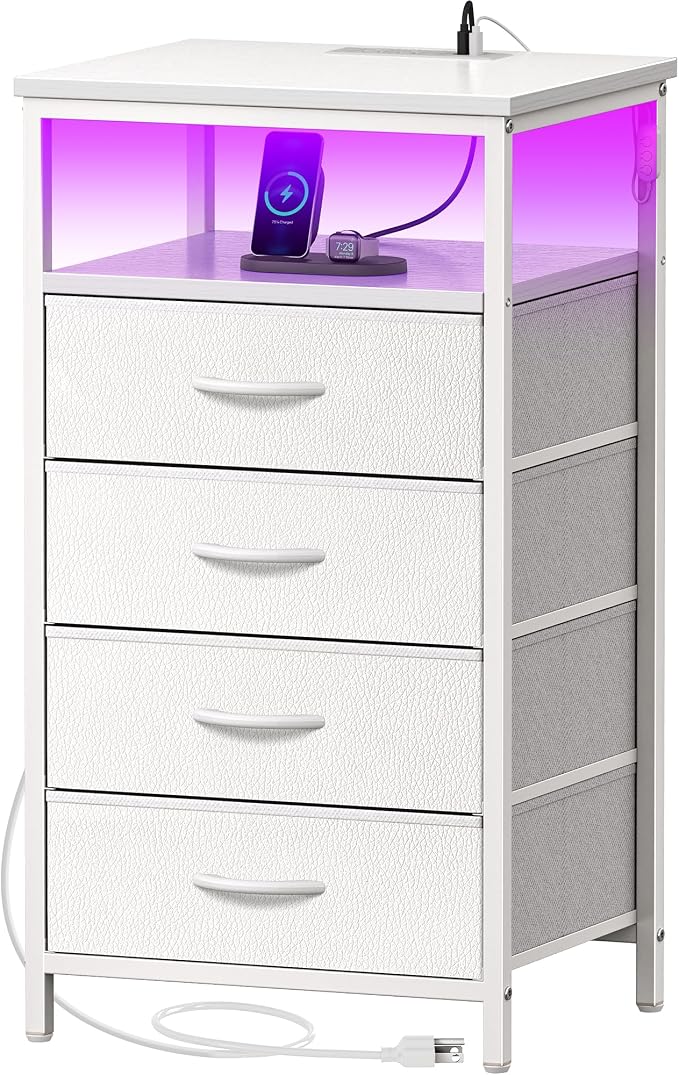 Huuger Night Stand with Charger Station and LED Lights, 4 Drawer Nightstand, Bed Side Table with Open Shelf, End Table, Fabric Dresser for Bedroom, PU Leather, White by Huuger