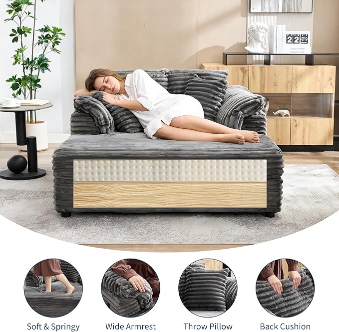Oversized Chaise Lounge Chair59 * 54 Inch Indoor Comfy Corduroy Cloud Sleeper Couch Upholstered Sofa Bed with USB Port Throw Pillows Supportive Armrests for Living Room