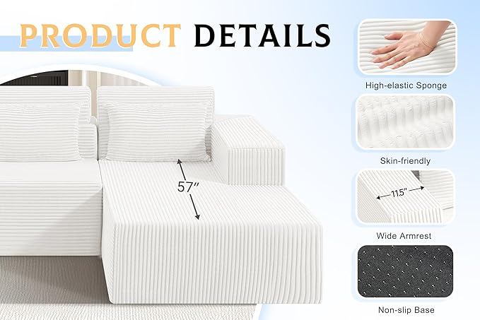 Homguava Modular Sectional Couches for Living Room,105" Cloud Couch with L-Shape Chaise,Comfy Sofa Living Room Sofas with Deep Seat,No Assembly L Couch,Corduroy Fabric(Beige,R)