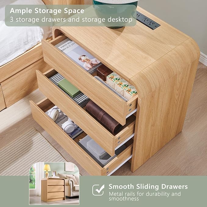 Aitjunz 25" Tall Modern Nightstand with Charging Station, 23.6'' Wide Wood Bedside Table w/3 Storage Drawers, Small Dresser w/Curved Profile Design, End Table for Bedroom, Natural Oak - Image 4