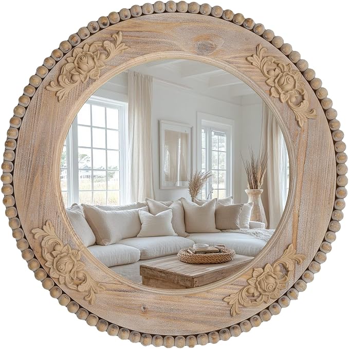 sawsile Round Wood Mirror,24 inch Circle Rustic Farmhouse Natural Wooden Frame Boho Beads Wall Mirror for Bathroom,Living Room,Bedroom or Entryway by sawsile
