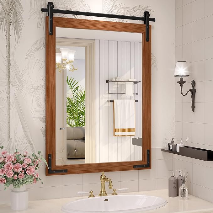Farmhouse Bathroom Mirror, 24x36 Inch Brown Vanity Mirror for Wall, Wood Framed Rustic Mirror Rectangular Wall Decor Mirrors for Entryway Living Room Bedroom by JIINGYO