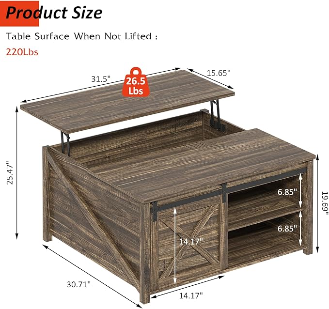 PUKAMI Lift Top Coffee Table with Storage, 31.5" Farmhouse Coffee Table for Living Room, Square Coffee Tables with Large Hidden Storage and Sliding Barn Doors, Brown