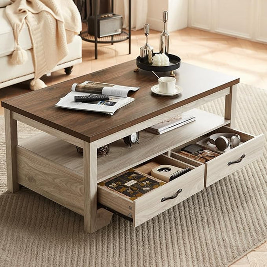 LINSY Farmhouse Coffee Table, Rectangle Coffee Table with Drawers, Rustic Wooden Coffee Tables with Storage, Center Table for Living Room, Apartment, Office, White Oak