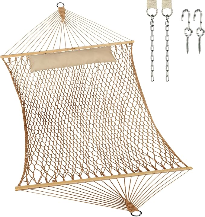 JoyView Traditional Rope Double Hammock - Hand Woven Cotton Hammock with Hardwood Spreader Bar and Pillow 450lb Capacity for Outdoor Indoor Patio Yard - Brown by JoyView