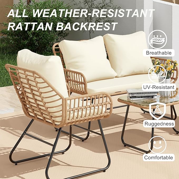 LEX CRAFT 4-Piece Wicker Outdoor Patio Furniture Set with Cushions & Tempered Glass Table, All-Weather Rattan Bistro Set with Loveseat Chairs Table Soft Cushions for Garden, Porch, Backyard (Beige)