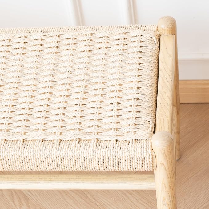 Solid Wood Entryway Bench with Shoe Storage, Rustic Oak Wood and Woven Design 31.5 Inch Long Seating for Living and Dining Rooms,Nature - Image 6