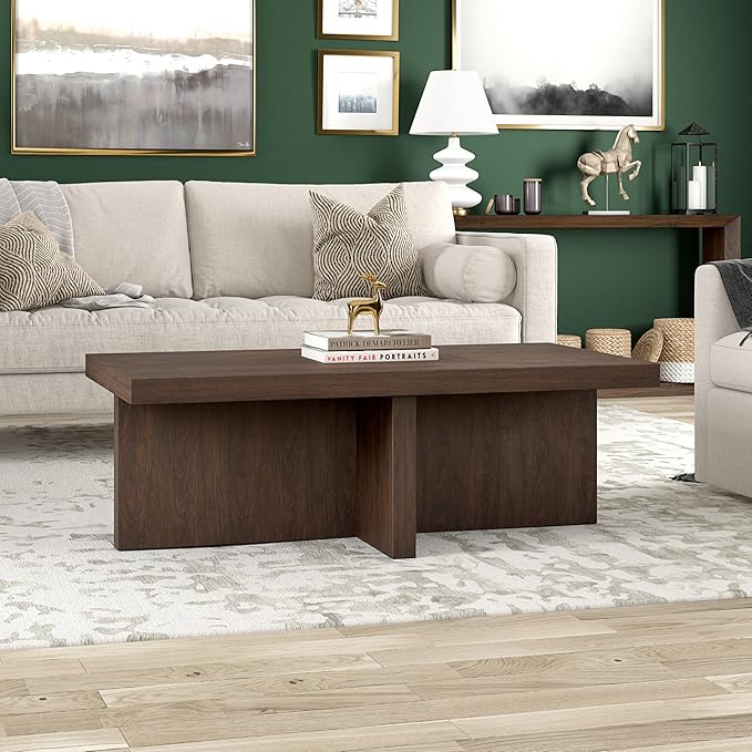 Henn&Hart 44" Rectangular Pedestal Low-Profile Coffee Table for Living Room, Family Room, or Office, Alder Brown
